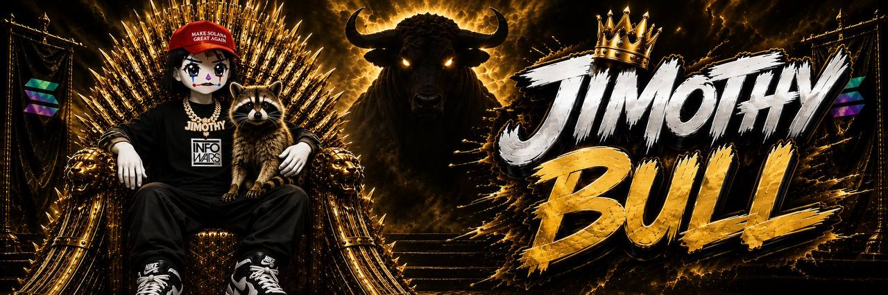 Jimothy Bull seated on a golden throne with his raccoon beneath a glowing bull